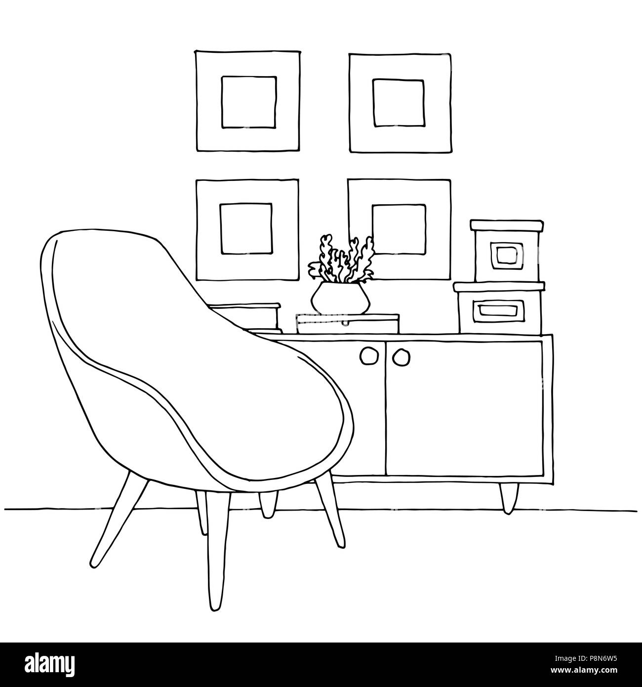 Fauteuil, armoire avec un vase. Hand drawn vector illustration d'un croquis de style. Illustration de Vecteur