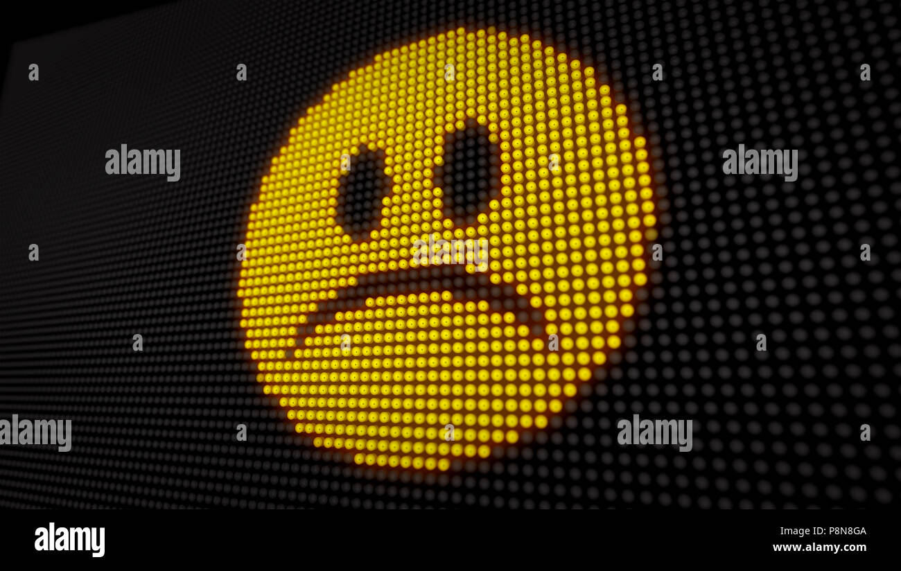 Visage triste émoticône sur grand écran LED avec de gros pixels. Lumière vive expression de tristesse sur l'icône Affichage stylisé ampoules 3D illustration. Banque D'Images
