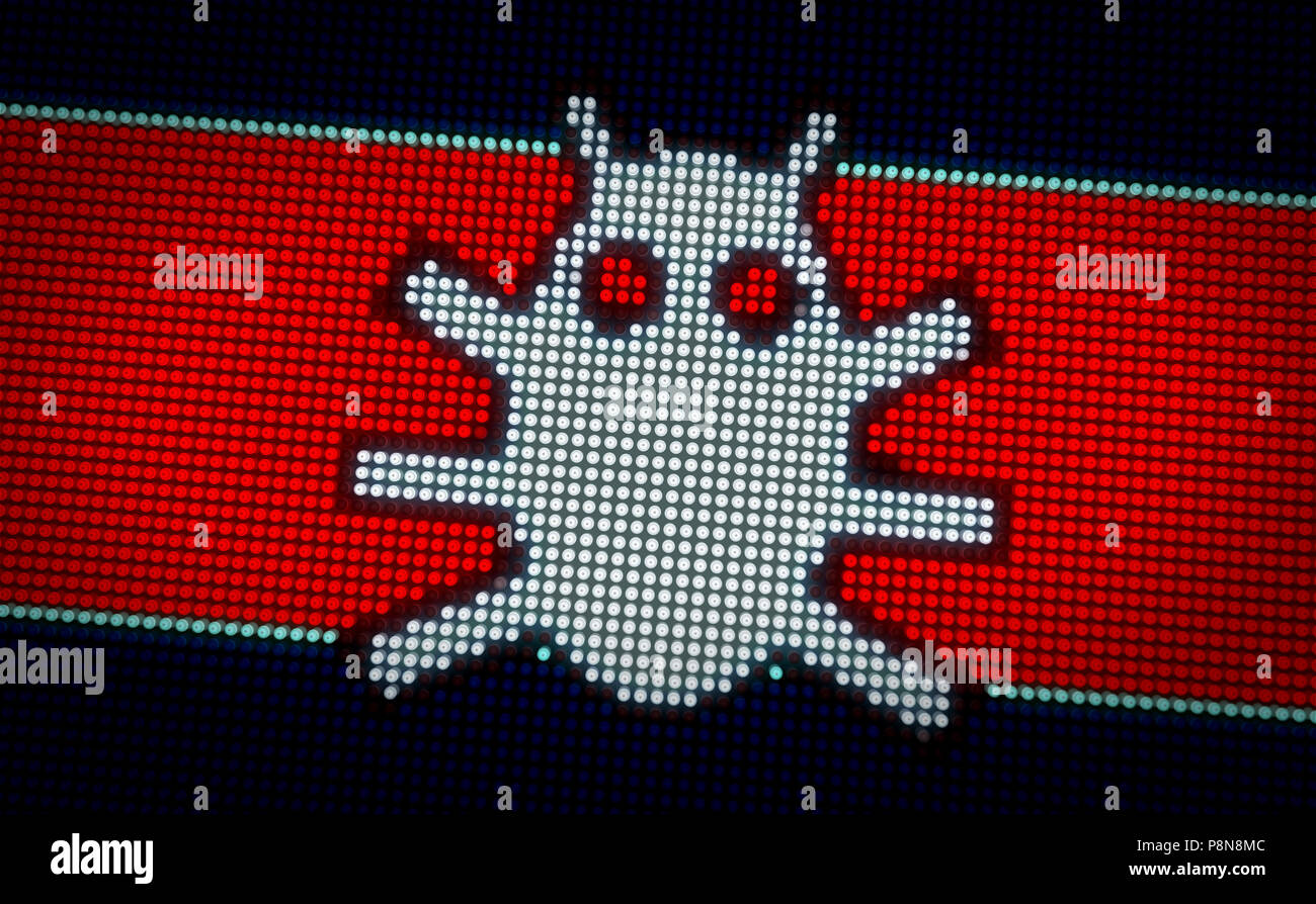 Virus informatique symbole sur grand écran LED avec de gros pixels. La lumière vive danger icône sur l'écran stylisé lampes 3D illustration. Banque D'Images