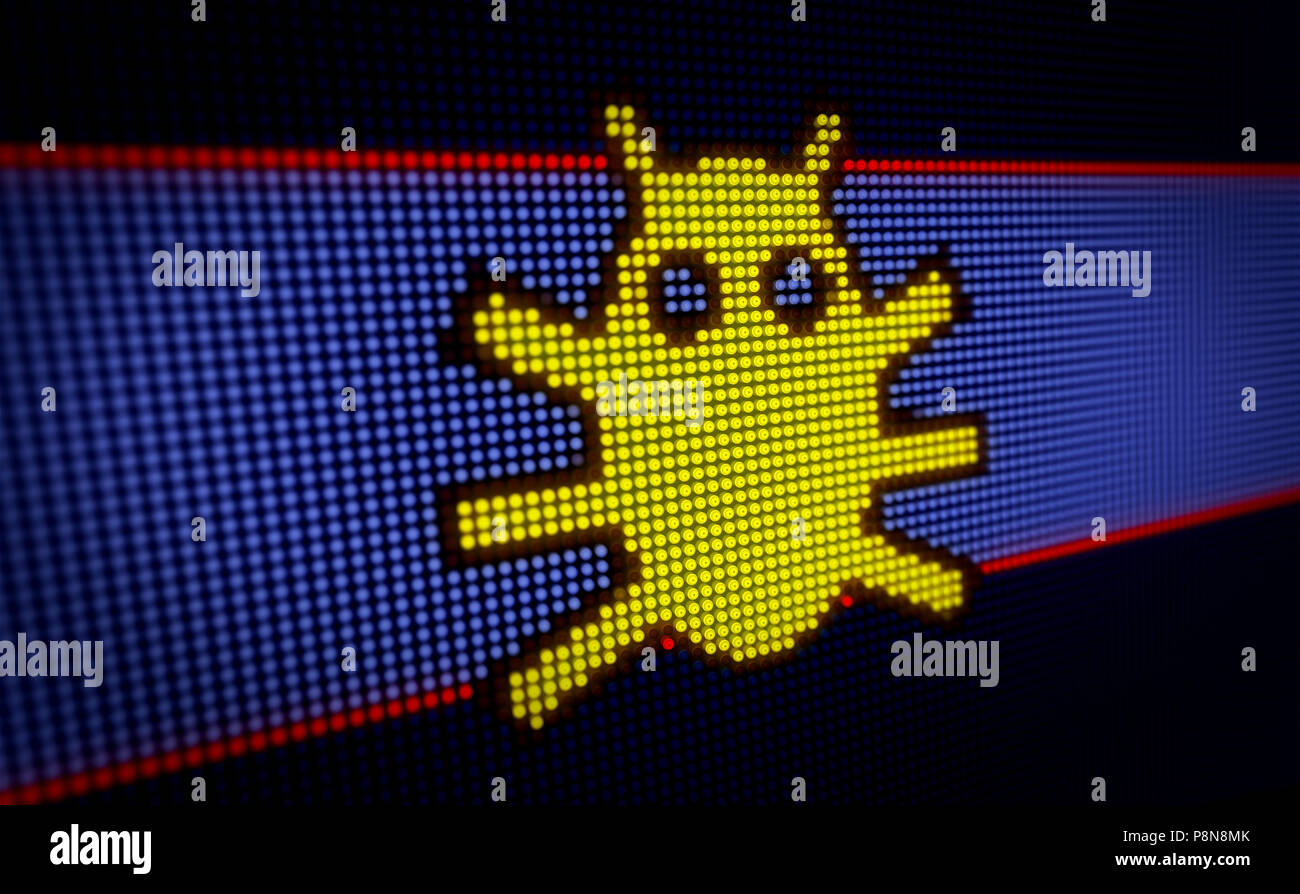 Virus informatique symbole sur grand écran LED avec de gros pixels. La lumière vive danger icône sur l'écran stylisé lampes 3D illustration. Banque D'Images