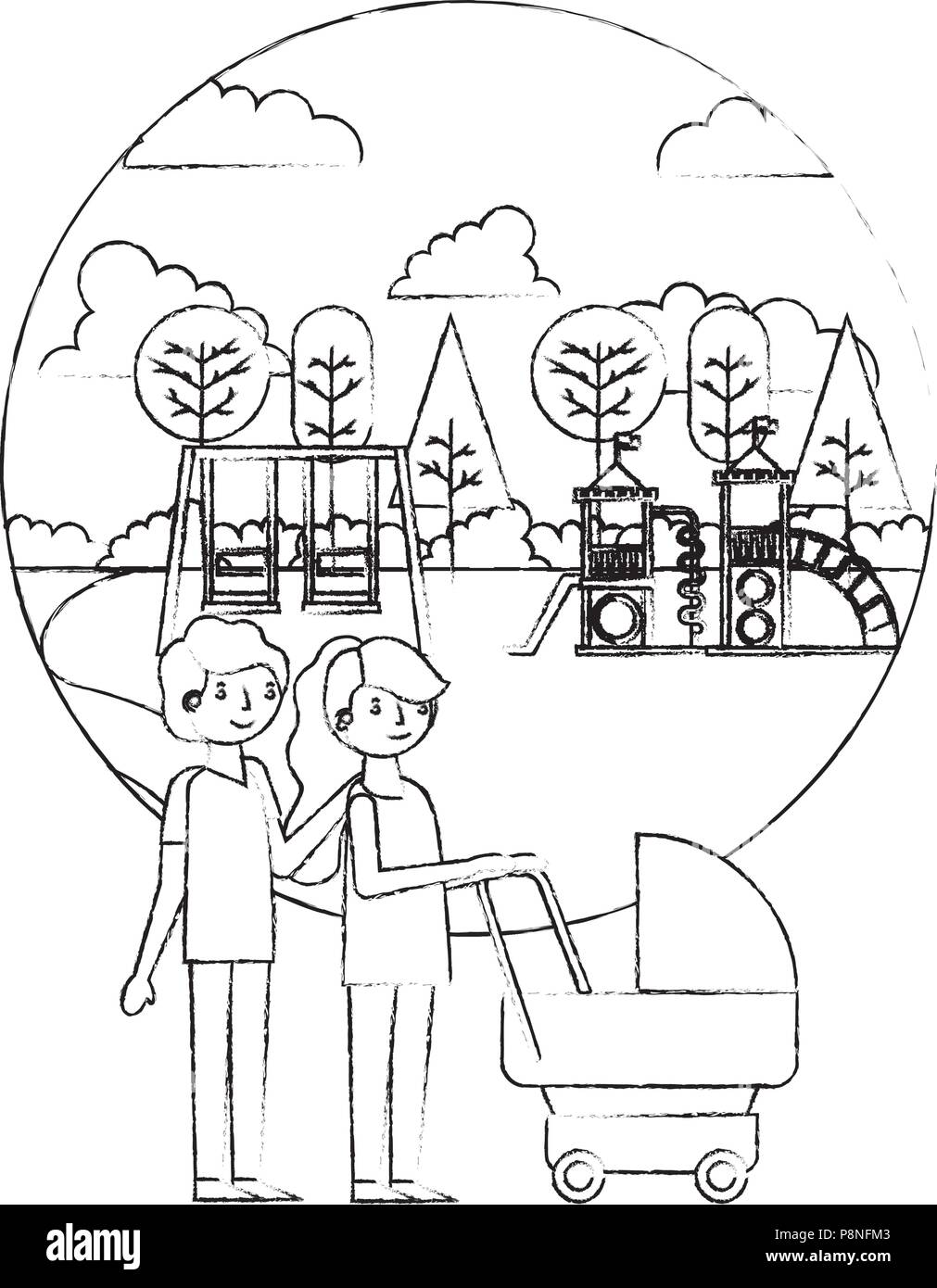 Papa Et Maman Avec Bebe Transport Dans L Aire De Stationnement Croquis D Illustration Vectorielle Image Vectorielle Stock Alamy
