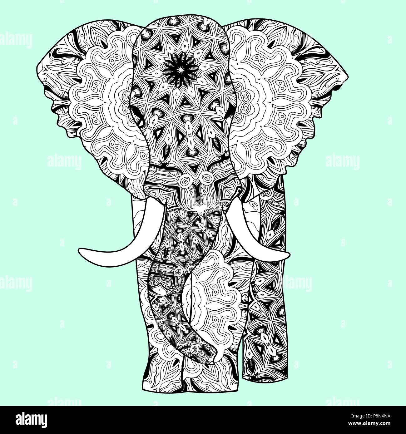 Belle indienne dans l'éléphant asiatique style zentangle ornement. razukrashka mandala éléphant Antistress Illustration de Vecteur