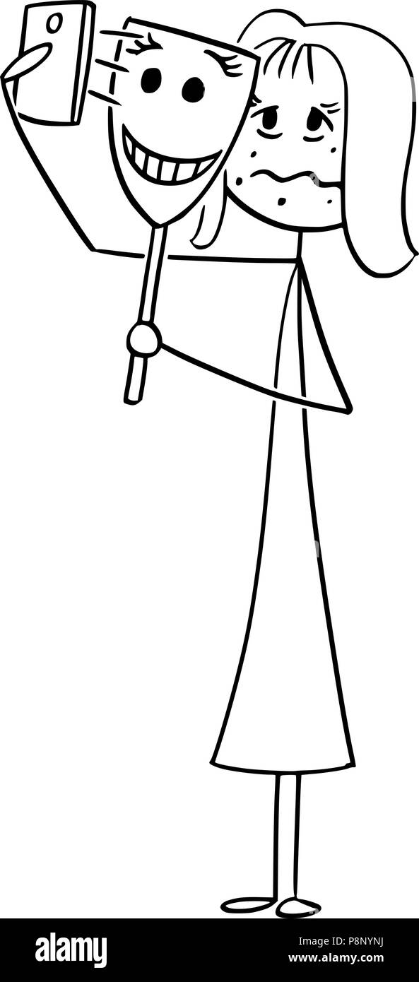 Caricature de malheureux ou malade en tenant avec Selfies masque heureux Illustration de Vecteur