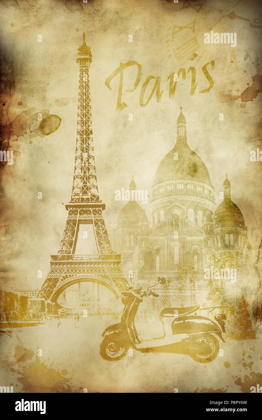 Carte postale vintage thème voyage avec repère parisien Banque D'Images