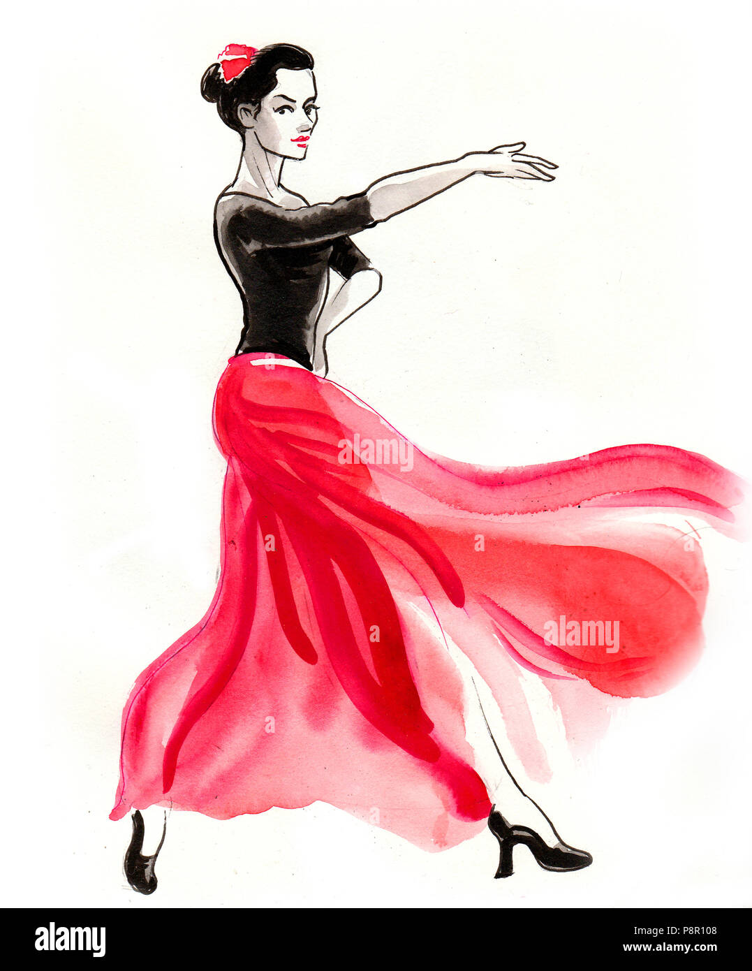 Belle danseuse de flamenco. Encre et aquarelle illustration Banque D'Images