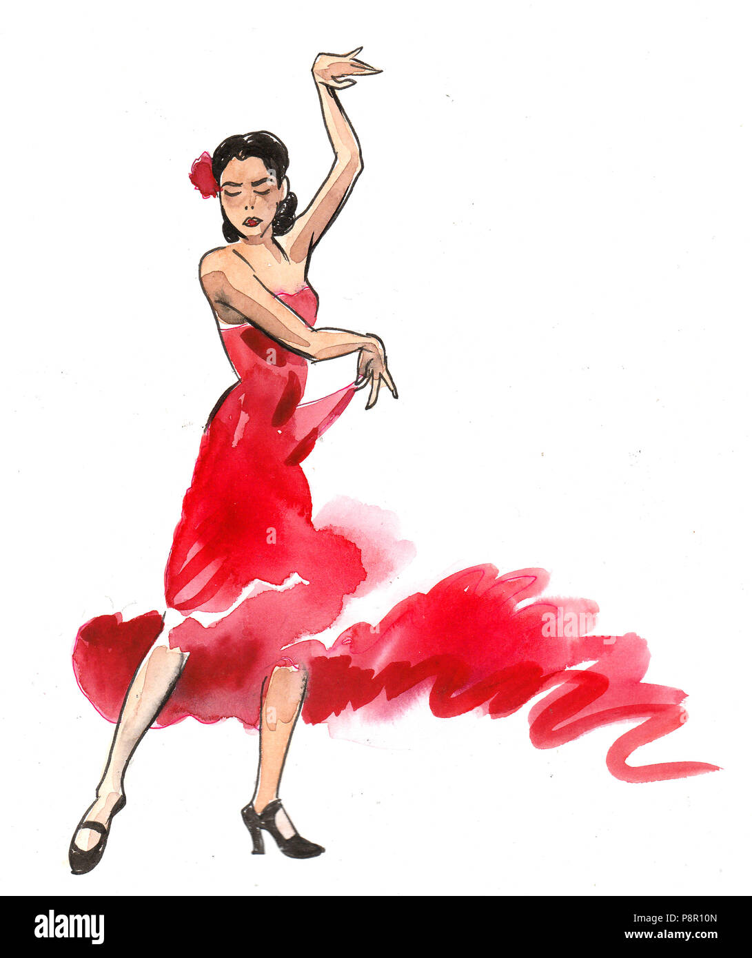 Belle danseuse de flamenco en robe rouge. Encre et aquarelle illustration Banque D'Images