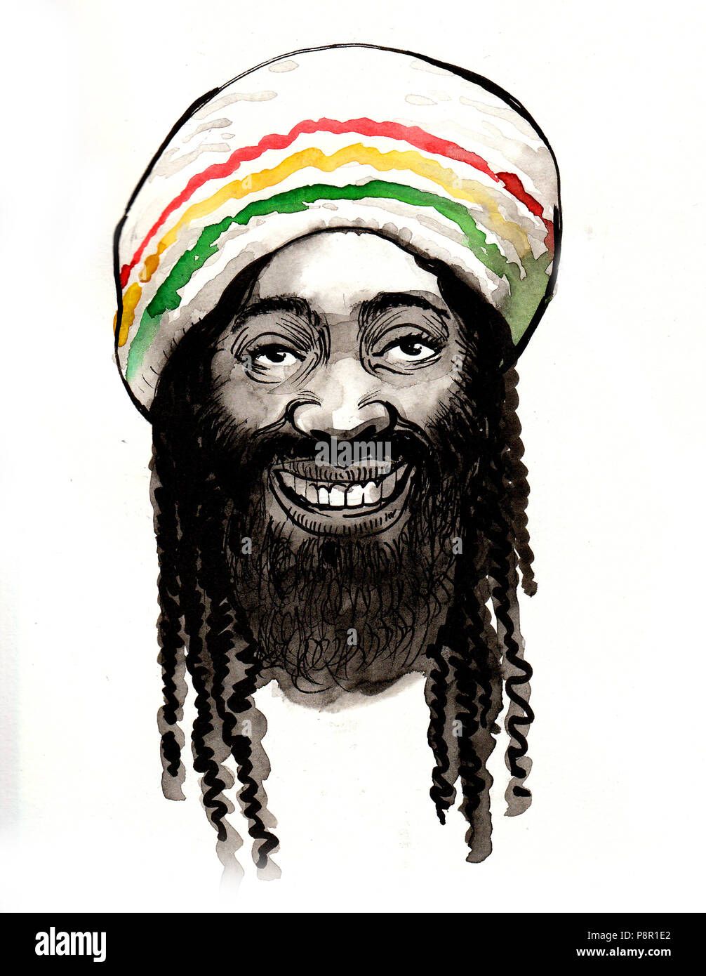 Heureux homme Rastafari avec dreads. Encre et aquarelle illustration Banque D'Images