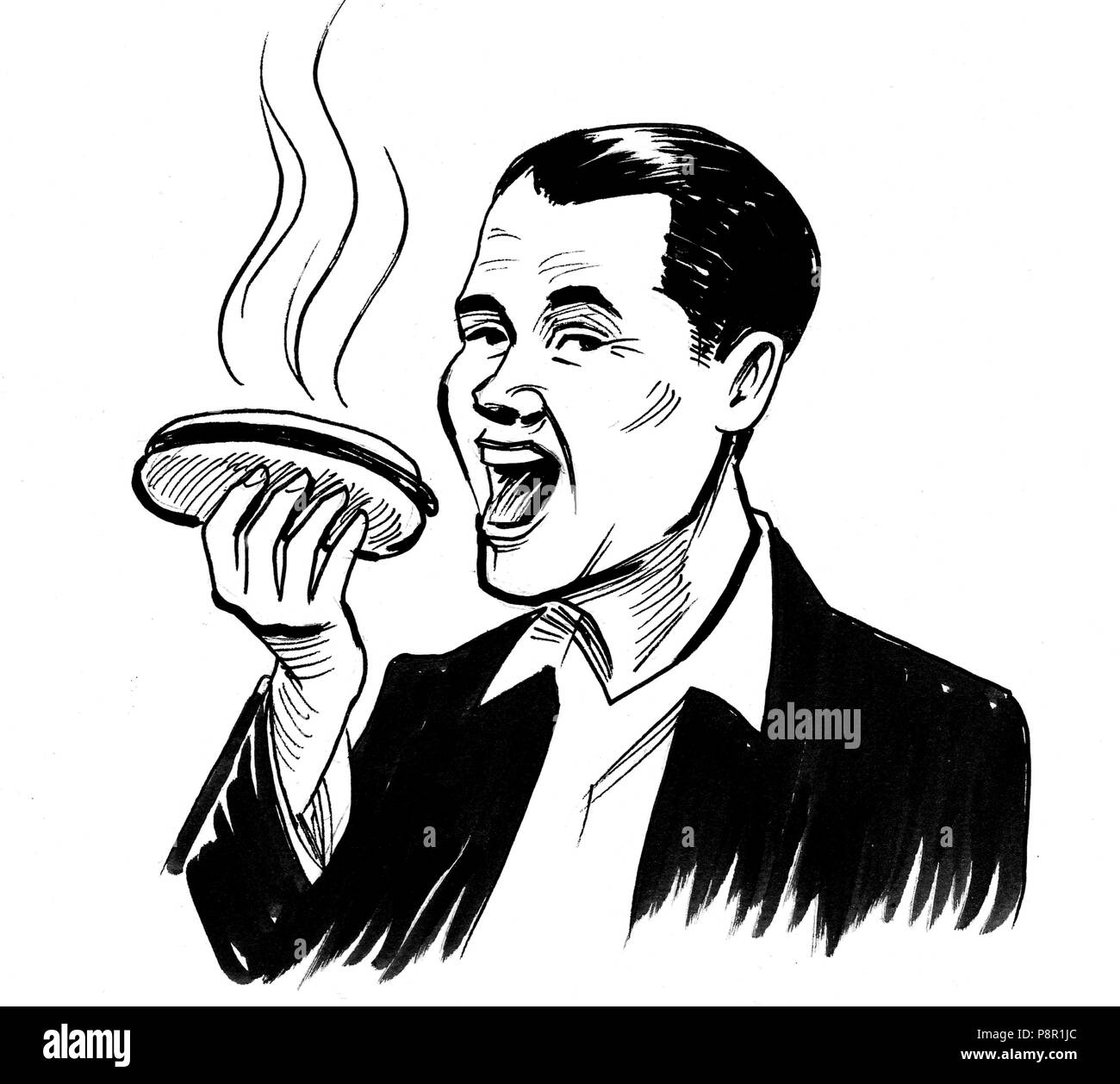 Man eating a hot dog. Illustration noir et blanc Encre Banque D'Images