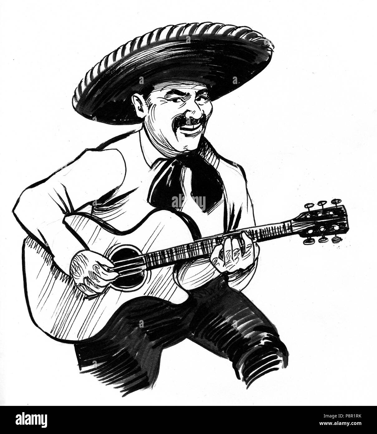 Musicien mexicain qui joue de la guitare. Illustration noir et blanc Encre Banque D'Images