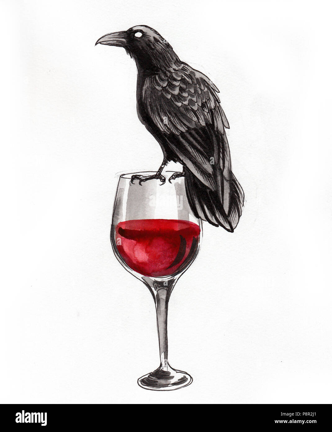Corbeau noir assis sur un verre de vin rouge Photo Stock - Alamy