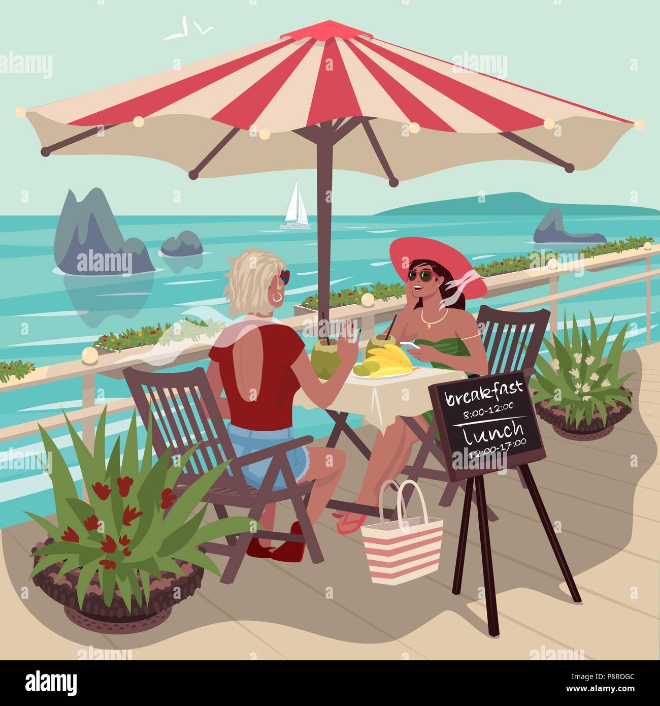 Deux belles filles assis dans un café près de l'océan tropical et manger des fruits. Les amies de vacances. Bon temps ensoleillé. Carto expressif Illustration de Vecteur