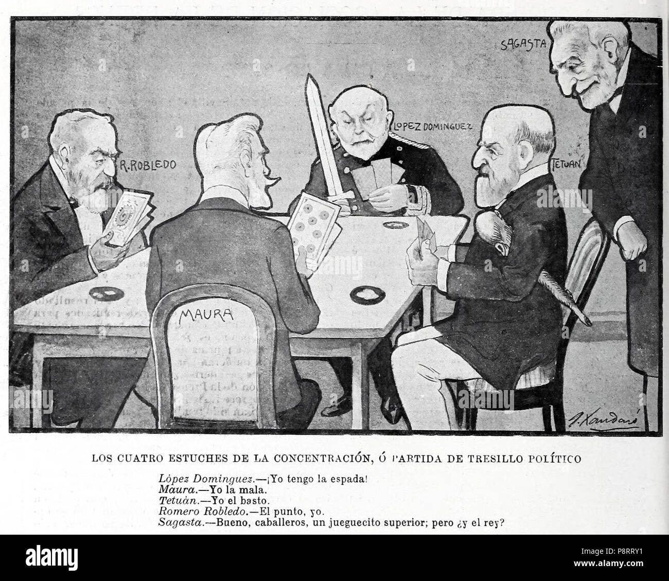 404 Los cuatro estuches de la concentración ó partida de tresillo, político por Xaudaró Banque D'Images