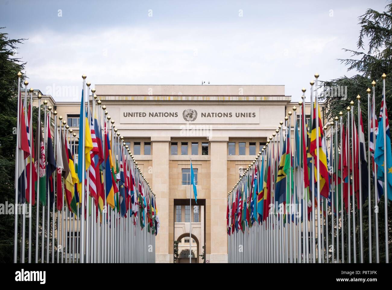 Genève, Suisse, le 18 août 2016 : vue extérieure du Palais des Nations, l'Office des Nations Unies à Genève (ONUG). Dans le monde d'utilisation | Banque D'Images