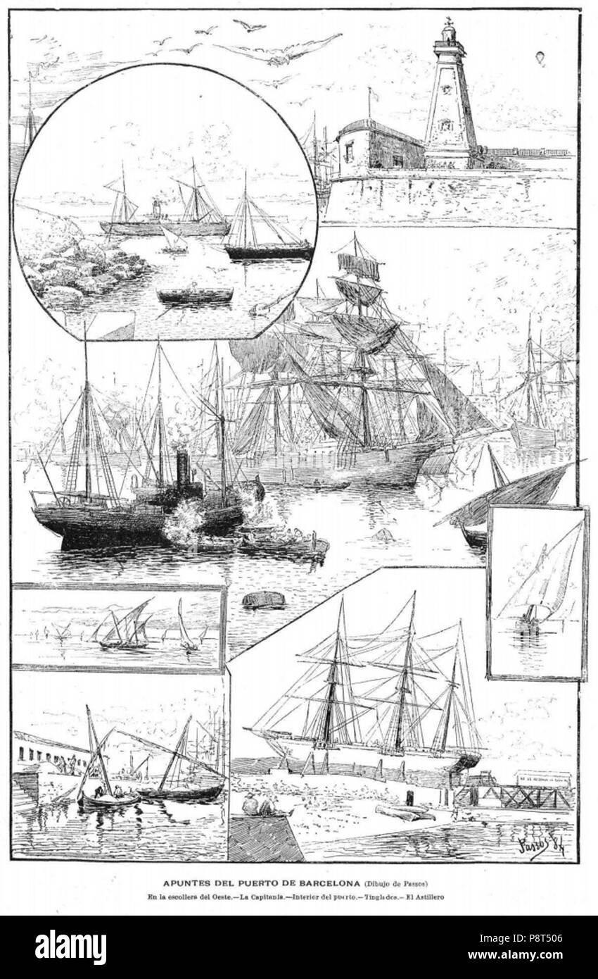 . 39 Apuntes del Puerto de Barcelona (Dibujo de Passos) Banque D'Images
