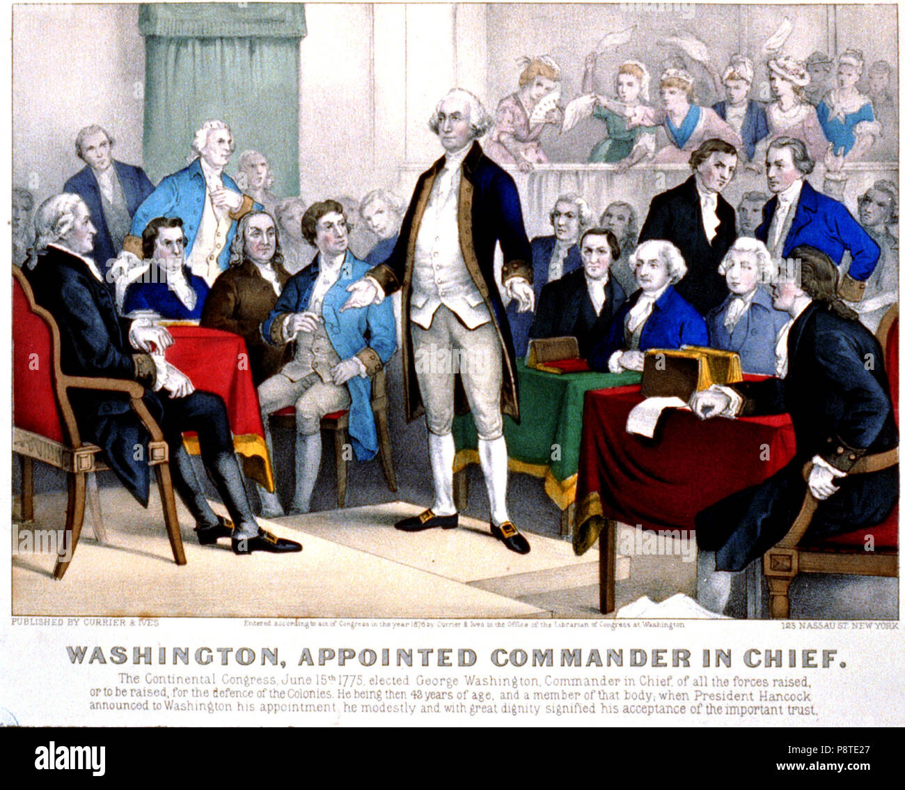 George Washington debout sur une plate-forme entourée par les membres du Congrès Continental. Banque D'Images