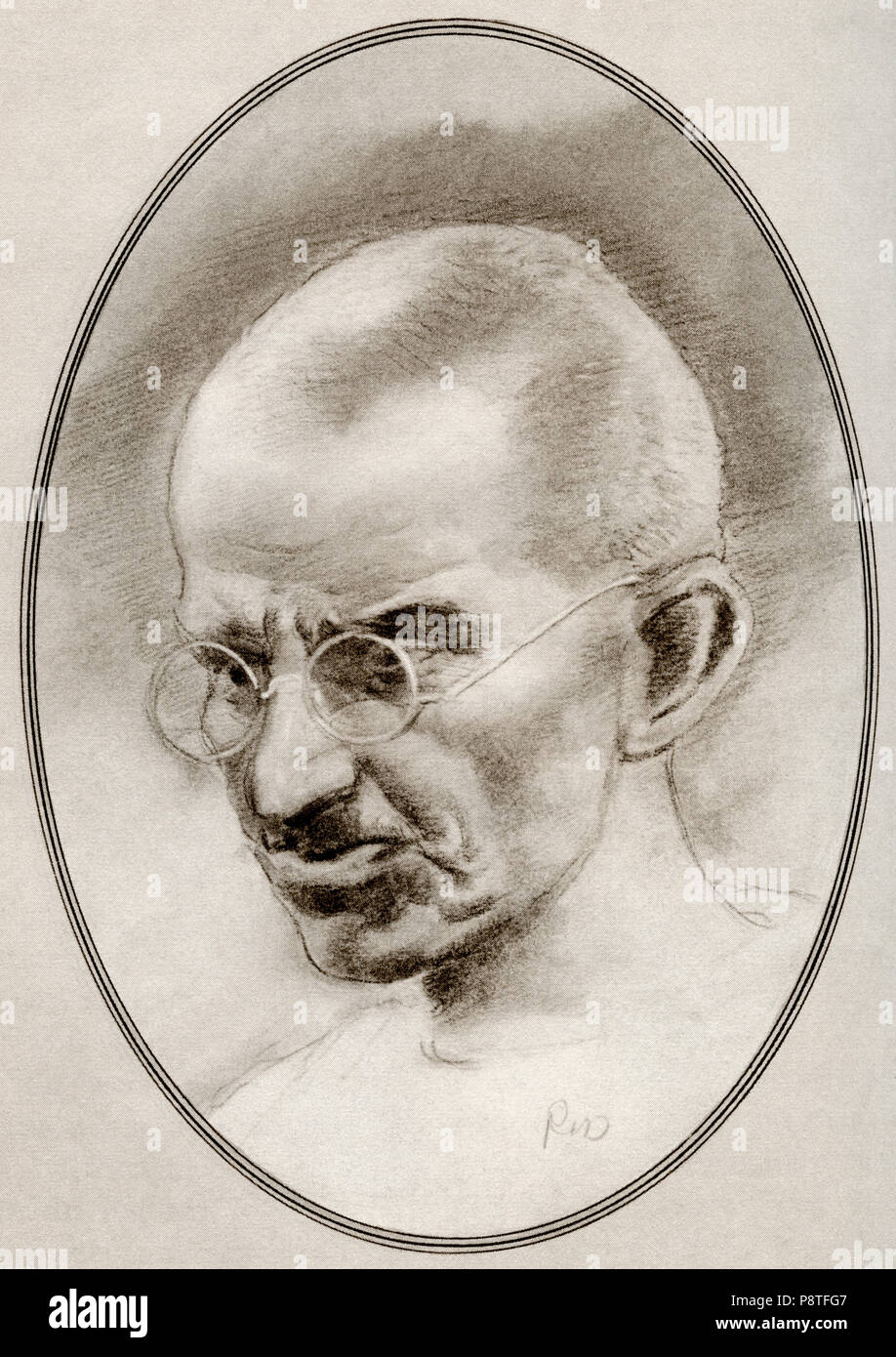 Mohandas Karamchand Gandhi, 1869 - 1948. Activiste indienne, le leader du mouvement pour l'indépendance de l'Inde contre la domination britannique. Illustration par Gordon Ross, artiste et illustrateur américain (1873-1946), de vivre des biographies de chefs religieux. Banque D'Images