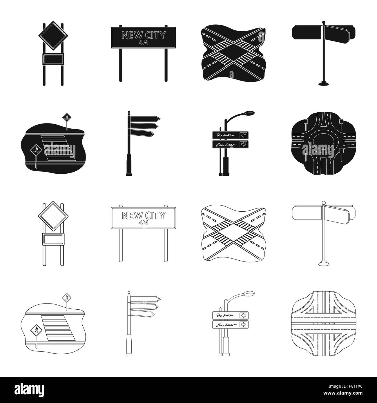 Panneaux de direction et autre icône de style du contour noir,.carrefours routiers et des panneaux d'icônes dans set collection. Illustration de Vecteur