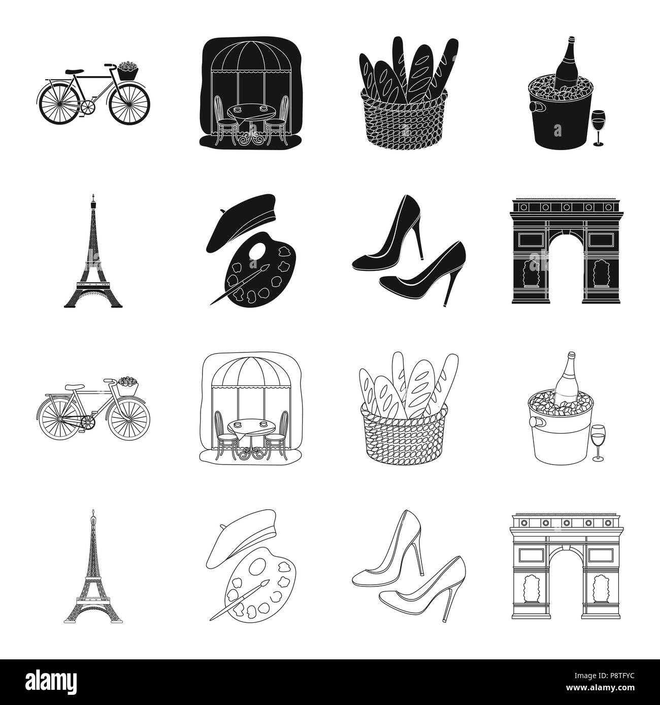 Tour Eiffel, pinceau, hat .France pays icônes collection en noir,style Contour Symbole vecteur illustration de stock . Illustration de Vecteur