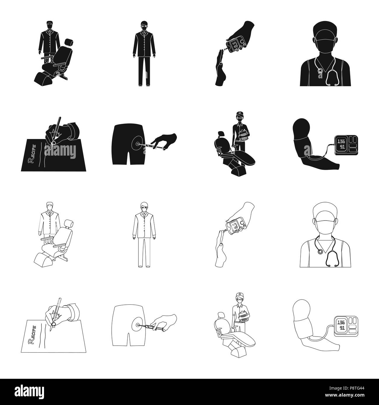 L'injection intramusculaire, la prescription, dentiste, mesure de la pression sanguine. Collection d'icônes dans Medicineset,noir style Contour Symbole vecteur il stock Illustration de Vecteur