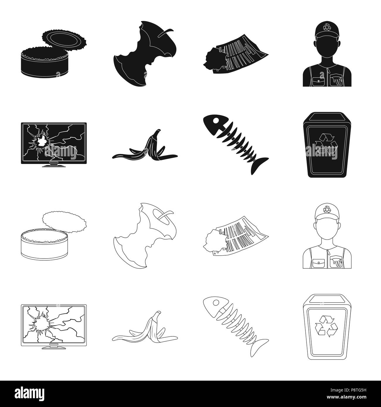 Moniteur TV cassée, peau de banane, poisson squelette, poubelle. Déchets et ordures collecte set icônes de style du contour noir, symbole vecteur illustra stock Illustration de Vecteur