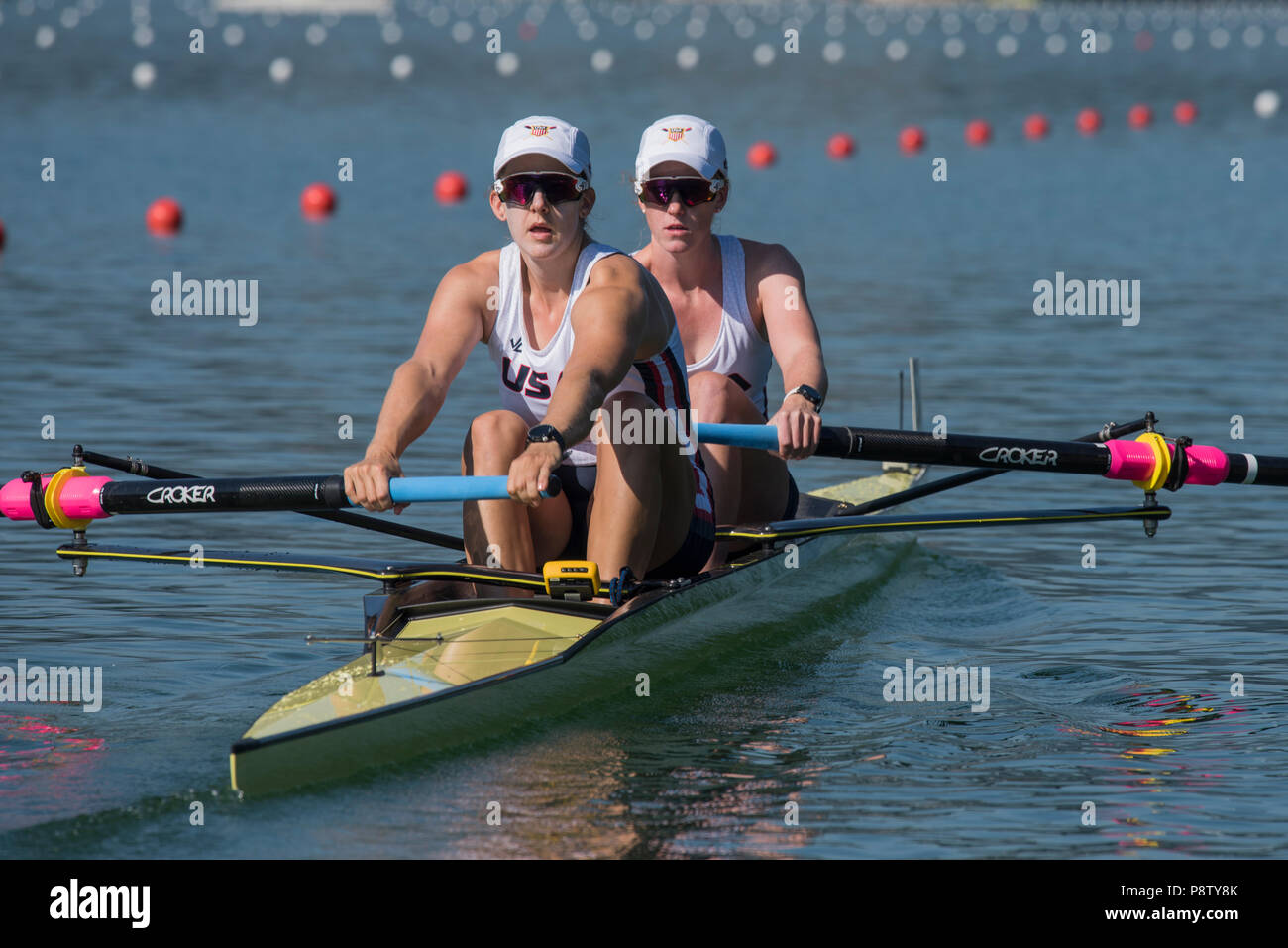 Lucerne, Suisse, 13 juillet 2018, Vendredi USA1 W2-, bow, Erin REELICK, Molly BRIGGEMAN, au début de la chaleur dans la paire de femmes, la FISA World Cup series, No.3, Lac Rotsee, © Peter SPURRIER/Alamy Live News Banque D'Images