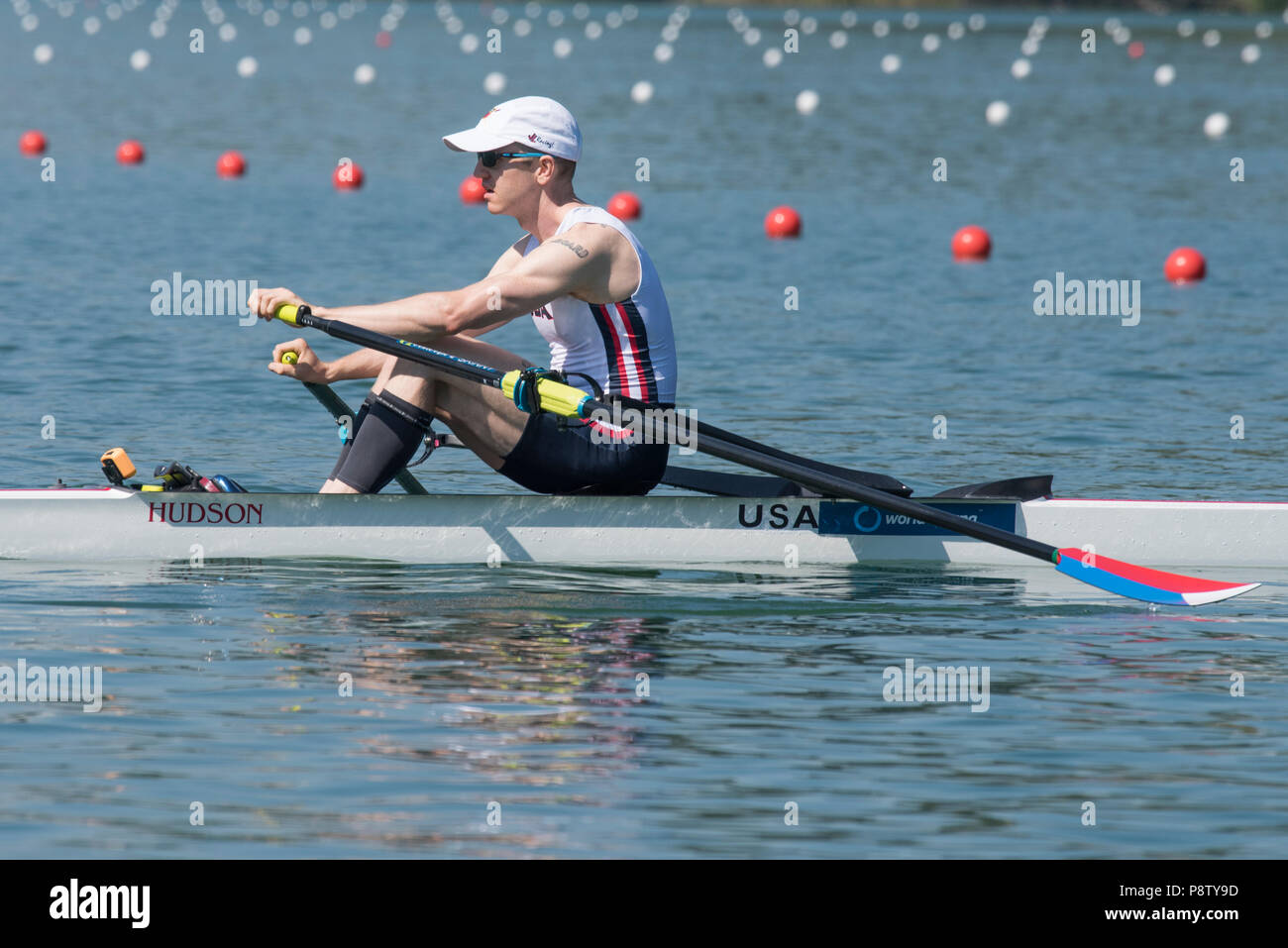 Lucerne, Suisse, 13 juillet 2018, Vendredi, USA LM1X. Alex TWIST, départ de la Coupe du Monde de la FISA, série, n°3, Lac Rotsee, © Peter SPURRIER/Alamy Live News Banque D'Images