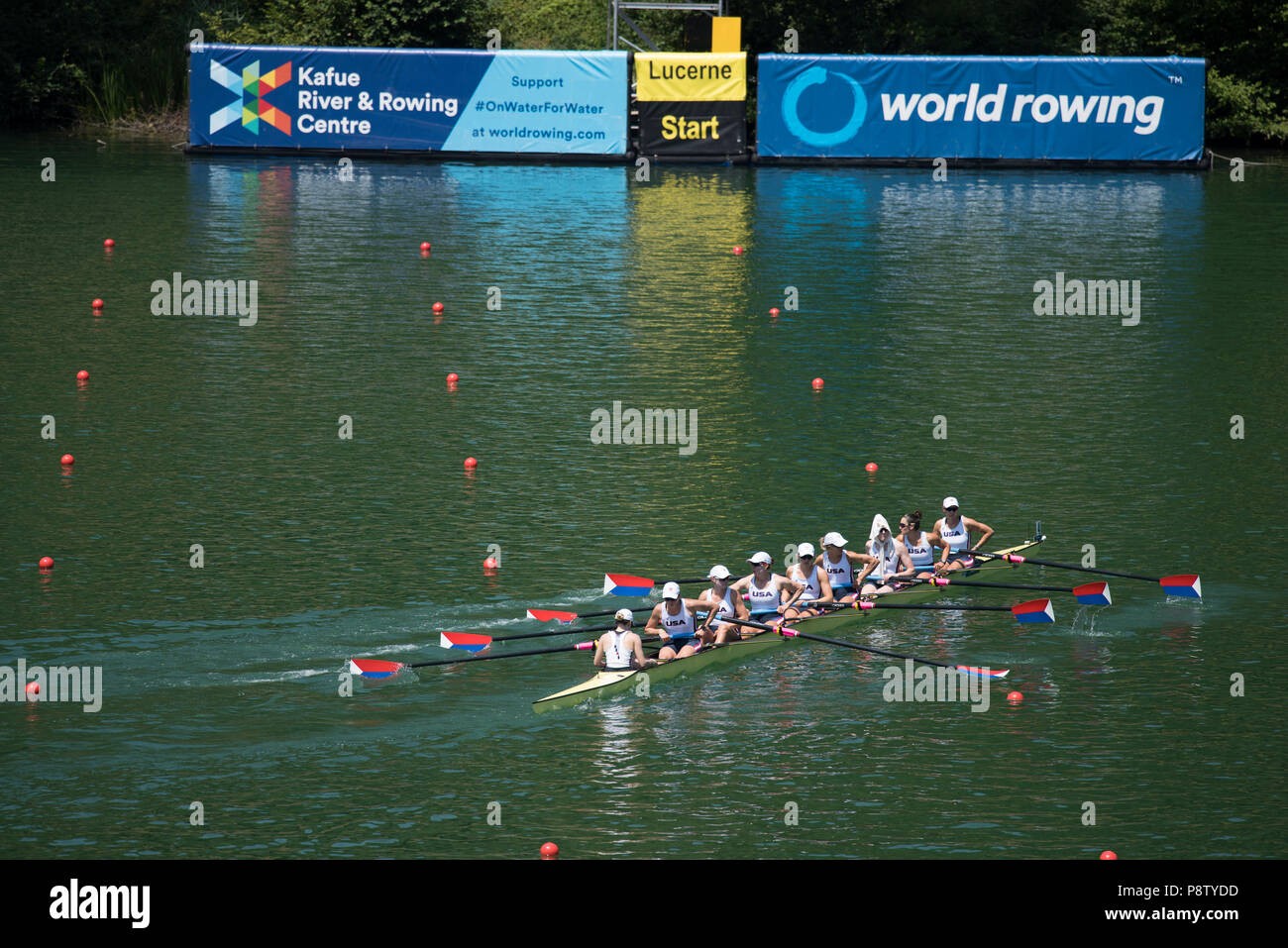 Lucerne, Suisse, 13 juillet 2018, Vendredi, USA W8 +, l'aire de départ, Victoria OPITZ, Gia DOONAN, Emily REGAN, Felice MUELLER, Dana MOFFAT, Tracy EISSER, Kristine O'BRIEN, Olivia COFFEY, et 'Cox Katelin GUREGIAN', Coupe du Monde de la FISA, série, n°3, Lac Rotsee, © Peter SPURRIER/Alamy Live News Banque D'Images