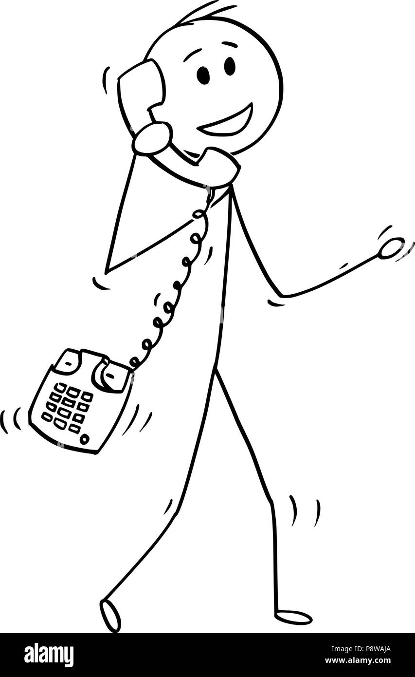 Caricature de l'homme Marche ou Businessman Making Phone Call avec de vieux téléphone Table Illustration de Vecteur