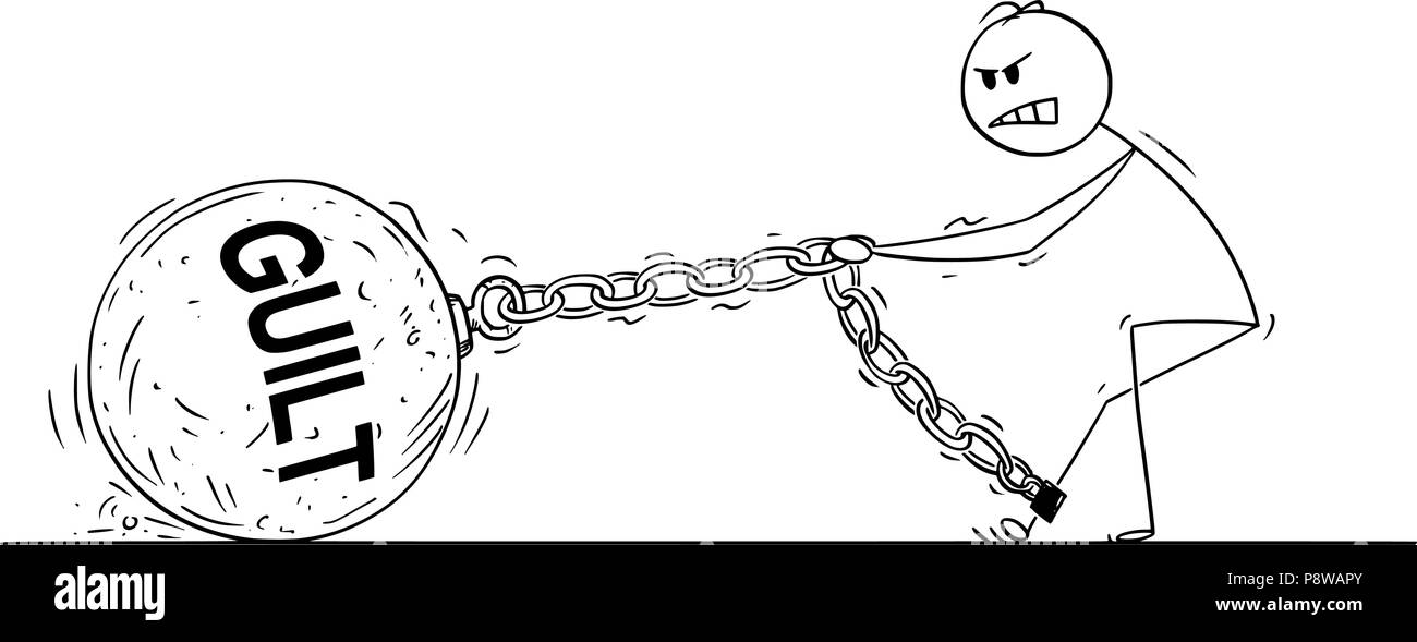 Caricature de l'homme ou Businessman Pulling Big Iron Ball avec texte coupable enchaîné à sa jambe Illustration de Vecteur