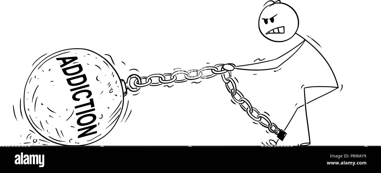 Caricature de l'homme tirant Big Iron Ball avec texte toxicomanie enchaîné à sa jambe Illustration de Vecteur