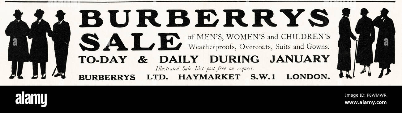 1920 old vintage Burberrys publicité publicité originale Janvier vente de vêtements dans le magazine anglais vers 1924 Banque D'Images