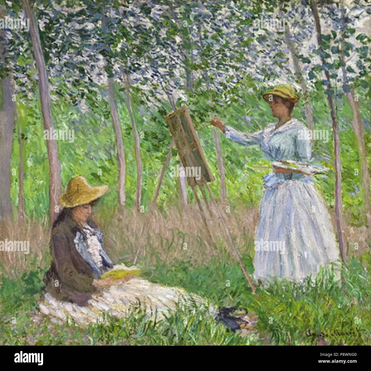 . 81 Claude Monet - En el bosque en giverny blanche hoschede con su-caballete con suzanne hoschede leyendo Banque D'Images