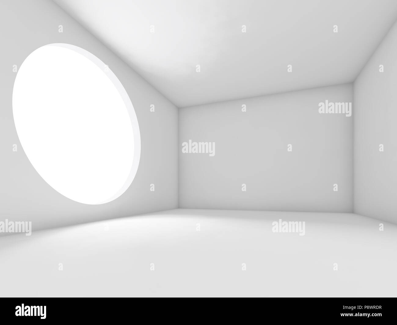 Résumé de l'intérieur blanc, salle vide avec une grande lumière ronde fenêtre dans mur. Arrière-plan, 3d illustration Banque D'Images