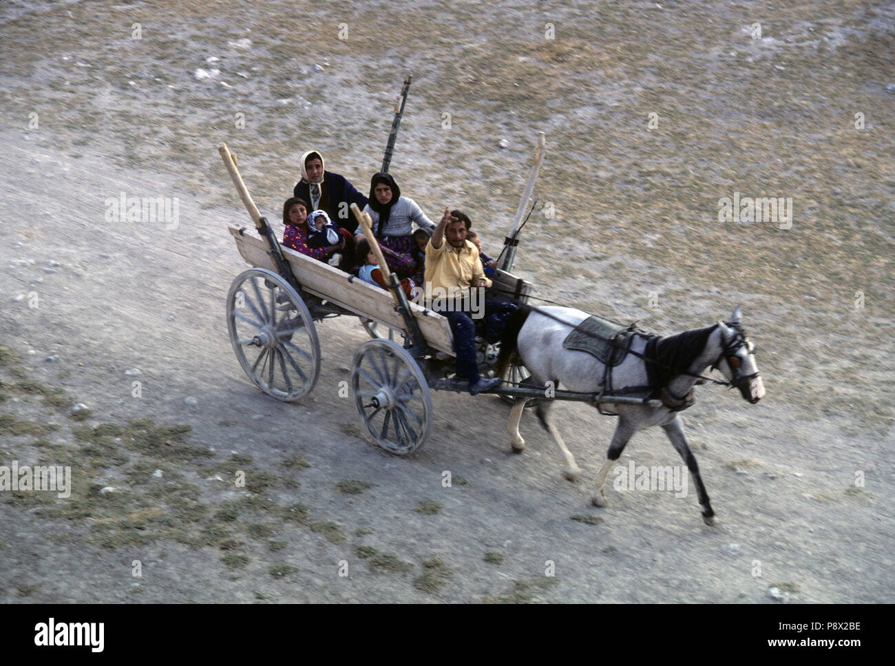 Vu de dessus, une famille turque dont les grands-parents et enfants dash le long d'une piste poussiéreuse dans un poney en bois panier. L'Homme conduisant la charrue courbes à l'appareil photo. Cappadoce, Turquie Banque D'Images