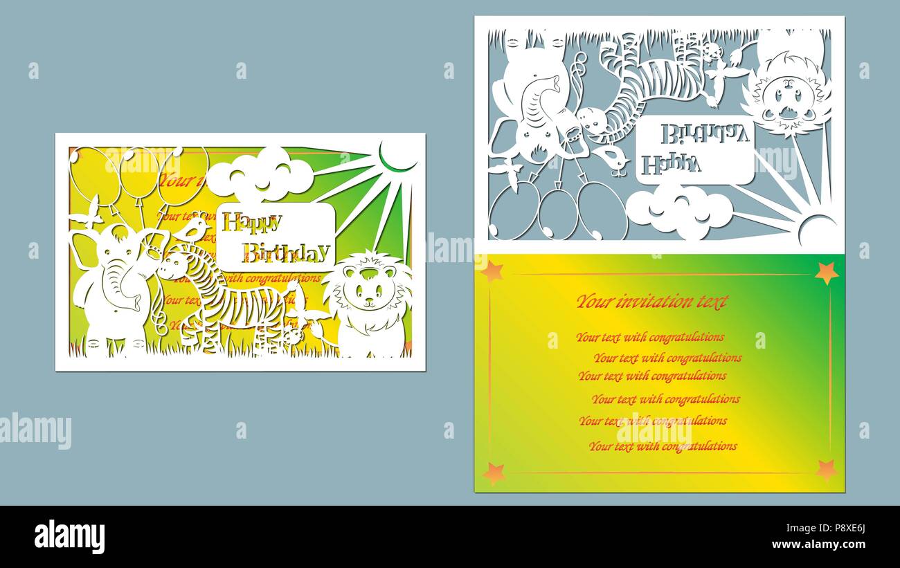 Texte - joyeux anniversaire. vecteur, à faisceau laser cutting, les animaux, l'éléphant, Lion, zèbre, d'oiseaux, papillons, fleurs, bug, montgolfière. Carte de souhaits Illustration de Vecteur