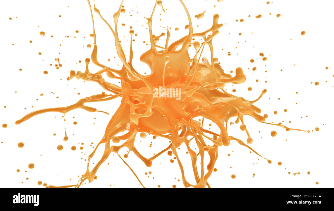 Jus d'orange ou de pamplemousse explosion dans le mouvement lent. 3D illustration de gouttes liquides fruits splash isolé sur blanc. 4K jaune et fond orange Banque D'Images