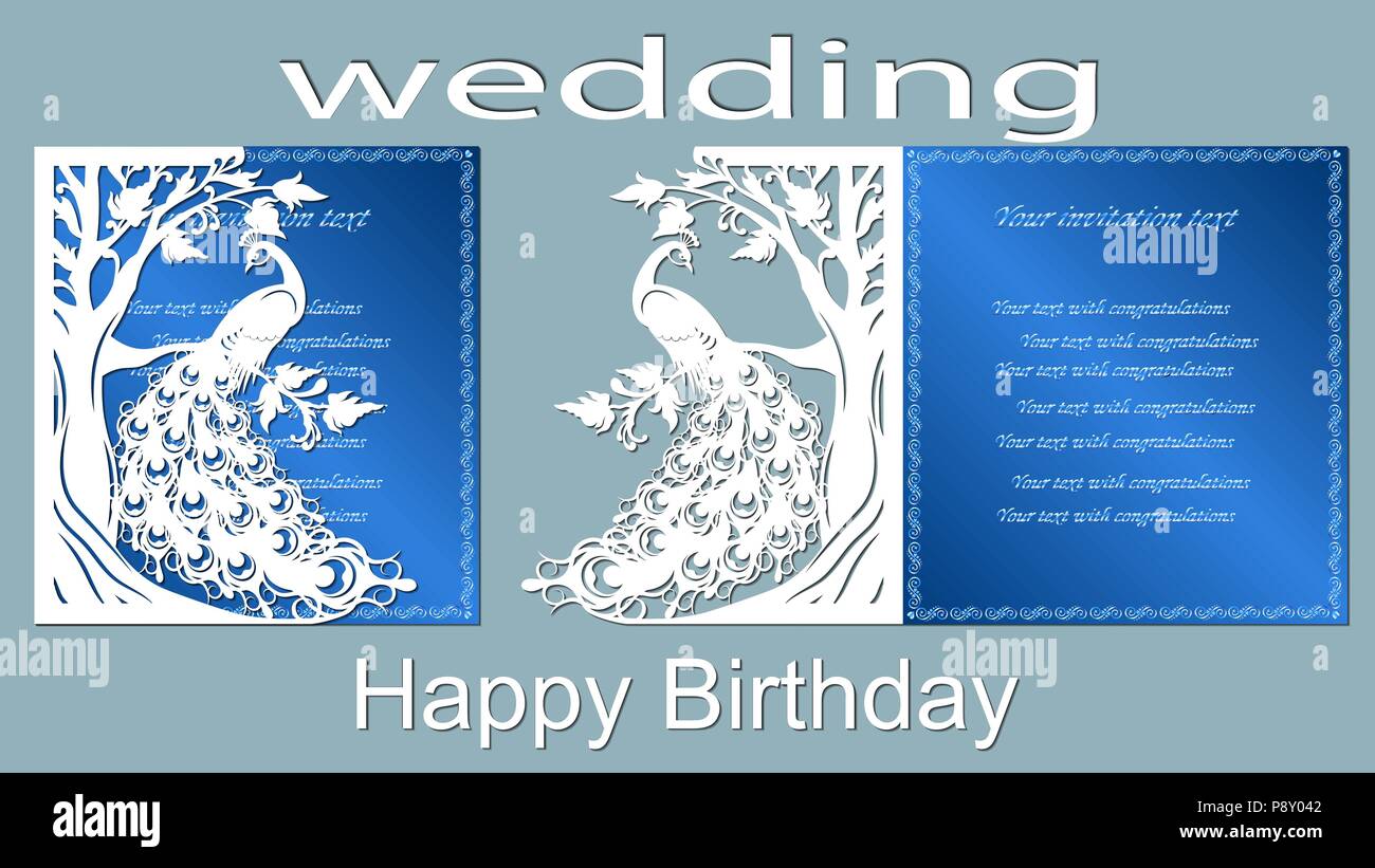 Texte Joyeux Anniversaire Mariage Vecteur A Faisceau Laser Decoupage Oiseau Peacock Firebird Queue Plume Arbre Chene Feuille Carte De Souhaits Image Vectorielle Stock Alamy