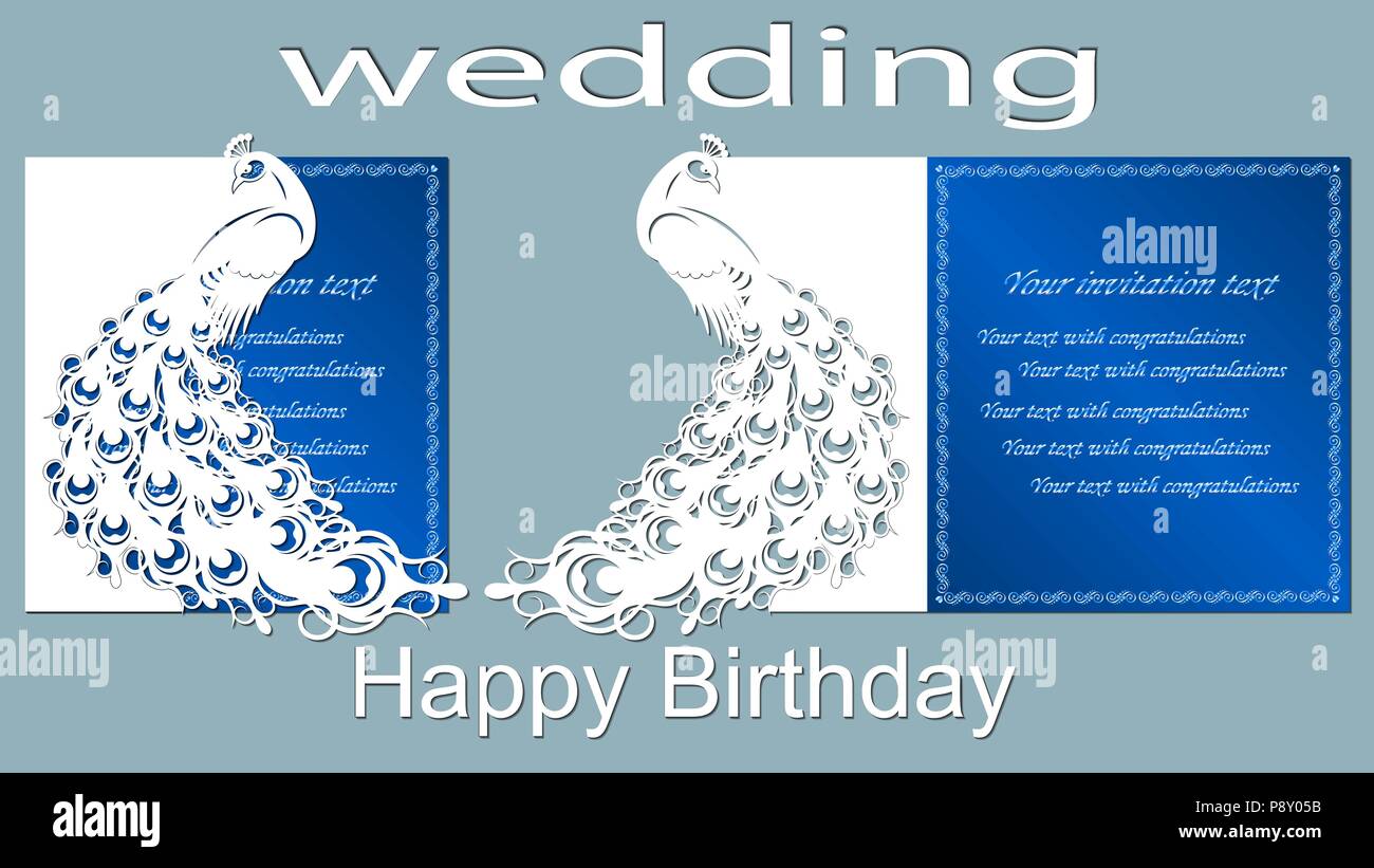 Joyeux anniversaire. Invitation de mariage ou d'une carte de vœux avec paon sur l'arbre. Maquette d'invitation de mariage pour plotter laser ou couper sa modèle. Illustration de Vecteur