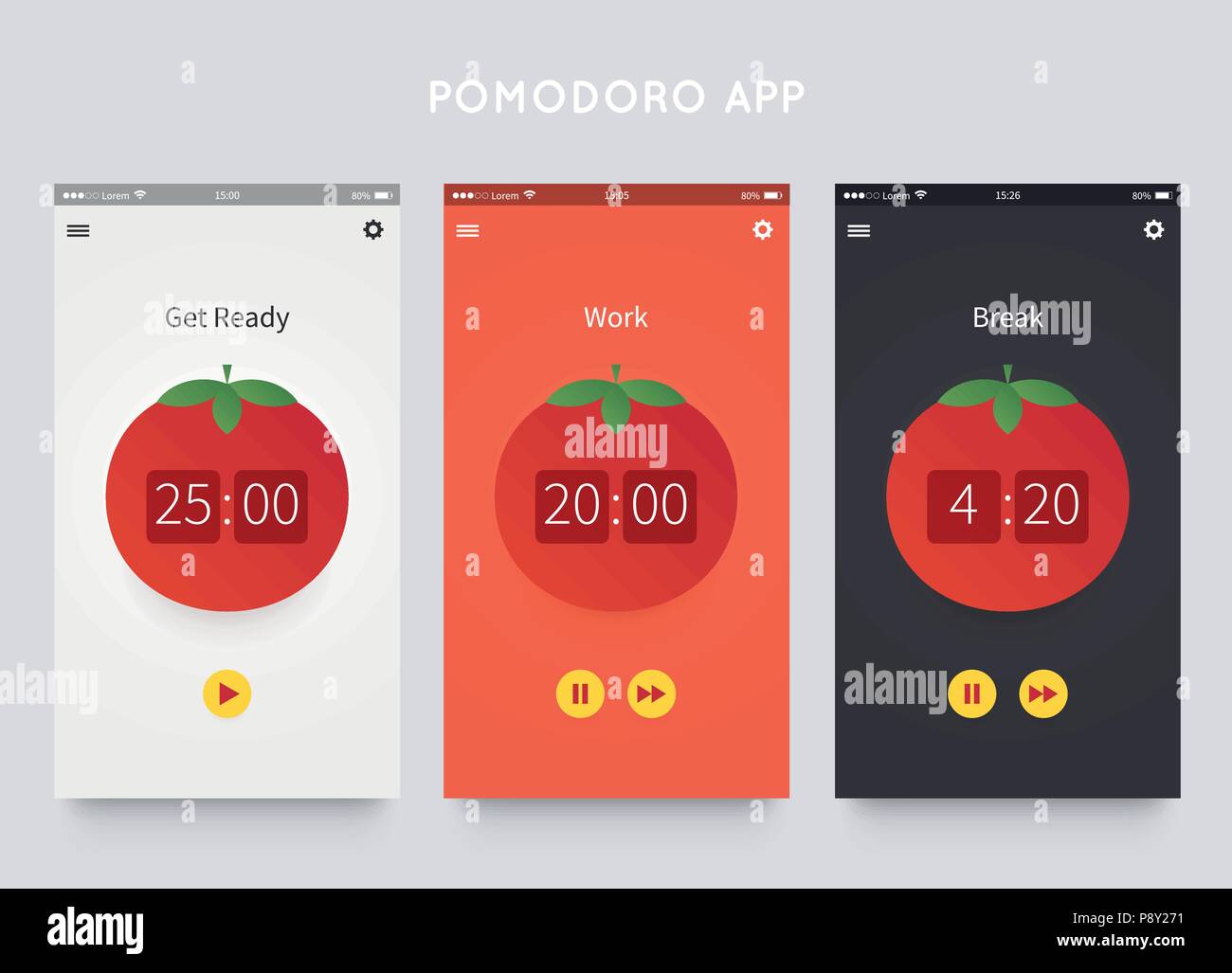 La technique Pomodoro. La conception de l'interface utilisateur de l'app Illustration de Vecteur