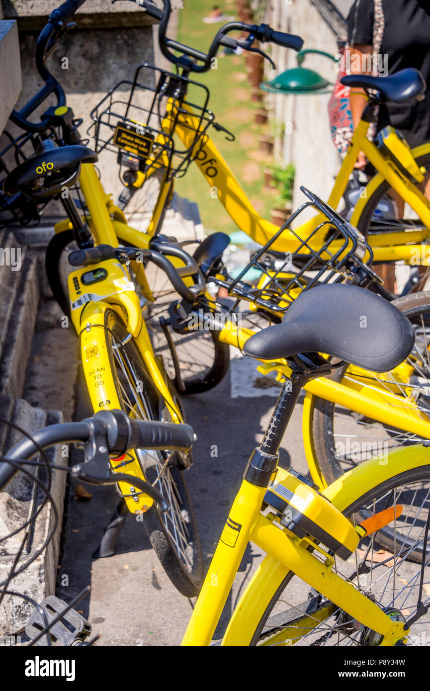 Trois Ofo ride partager des vélos sur une rue de Paris Banque D'Images