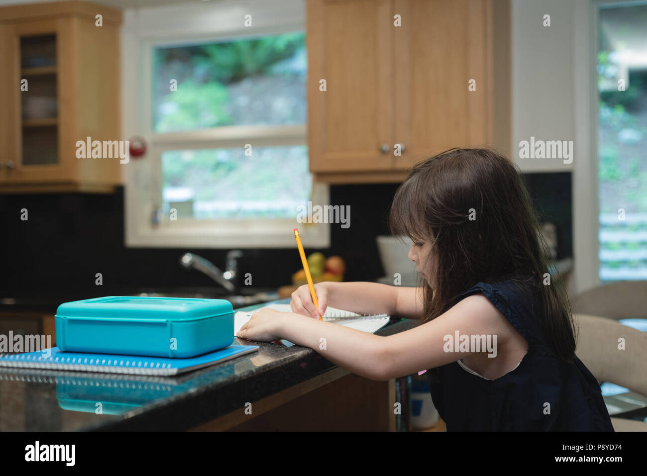 Girl doing homework at home Banque D'Images