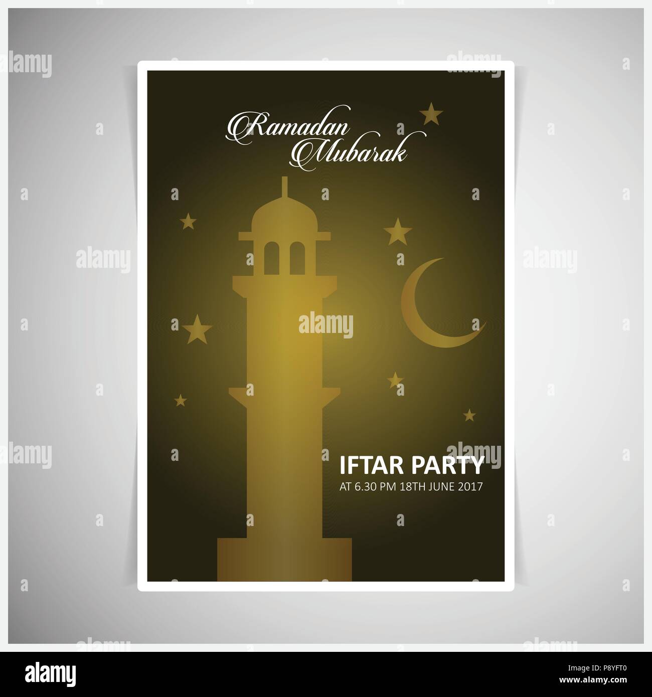 L'iftar élégante carte d'Invitation à la décoration design parti sur carte jaune noirâtre , sur fond gris clair.. Pour la conception web et l'interface d'application, al Illustration de Vecteur