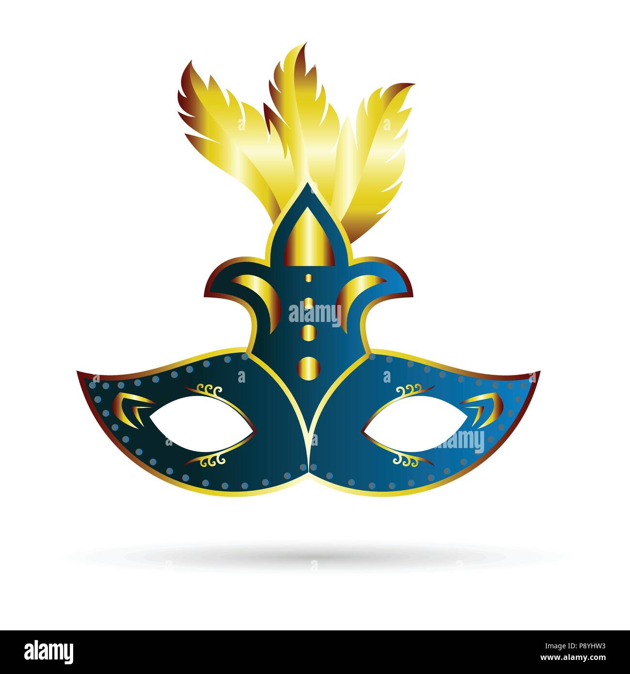 Joyeux Carnaval brésilien 24. Élégant et d'or bleu masque de carnaval avec des plumes d'or sur fond blanc. Pour la conception web et l'application interfac Illustration de Vecteur