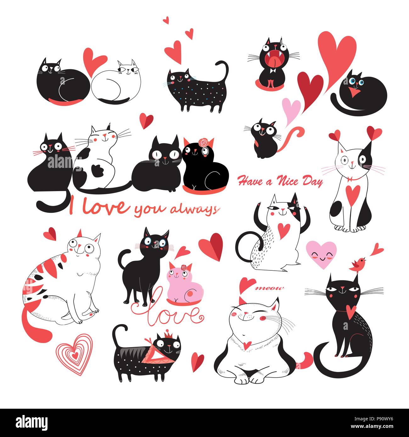 Vector set de chats amoureux sur fond blanc. Modèle pour les cartes d'affaires cartes postales web design. Illustration de Vecteur