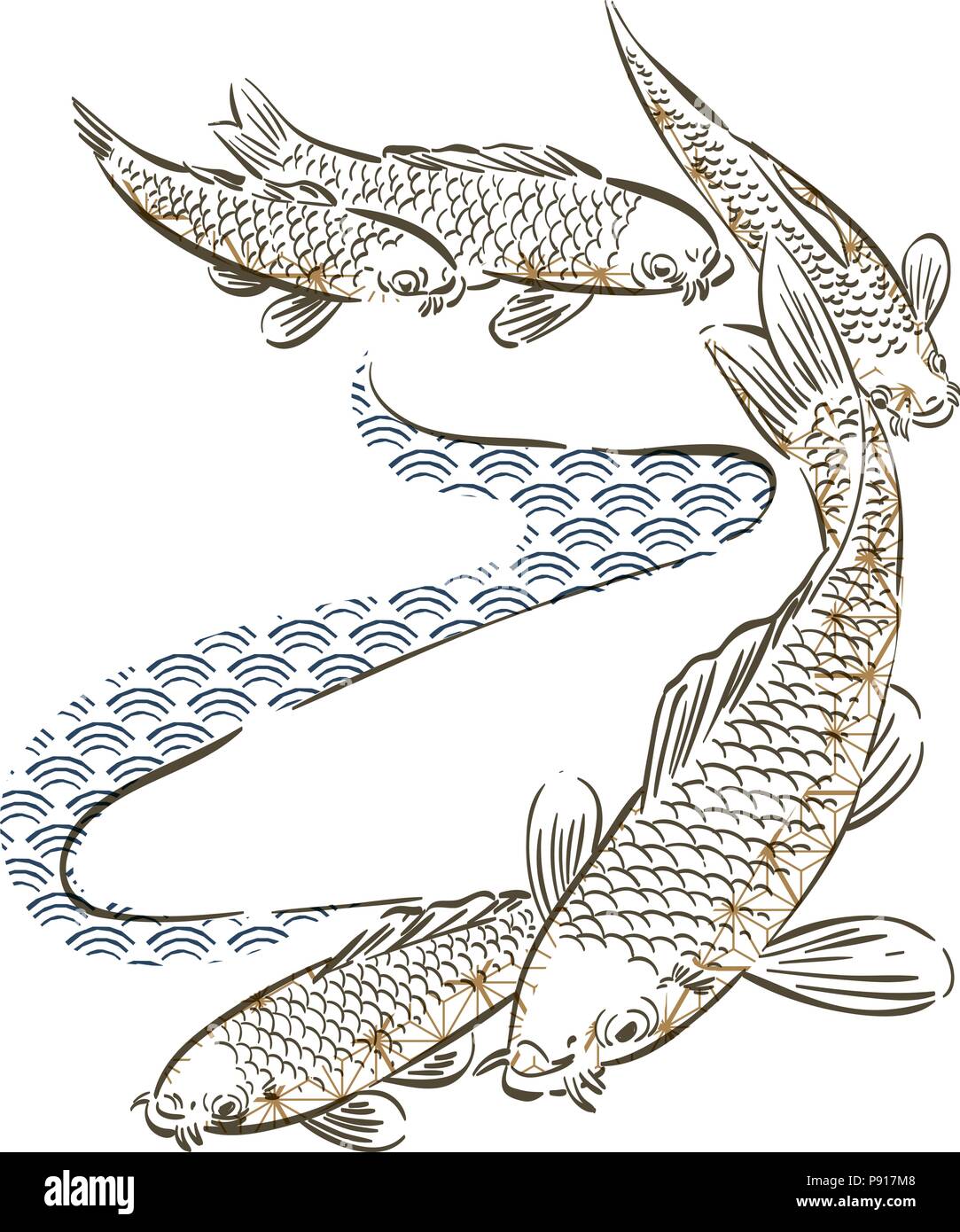 Poisson carpe vecteur dessiné à la main. Modèle japonais et l'arrière-plan. Modèle Oriental. Illustration de Vecteur