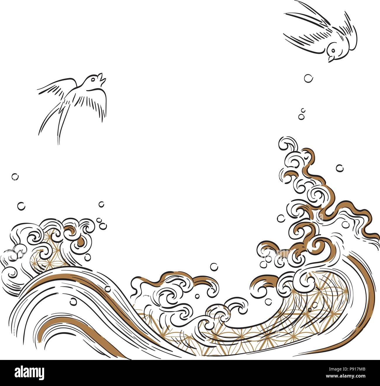 Vague hand drawn vector. Arrière-plan modèle japonais. Les coups de pinceau et les oiseaux de l'océan dans un style japonais. Illustration de Vecteur