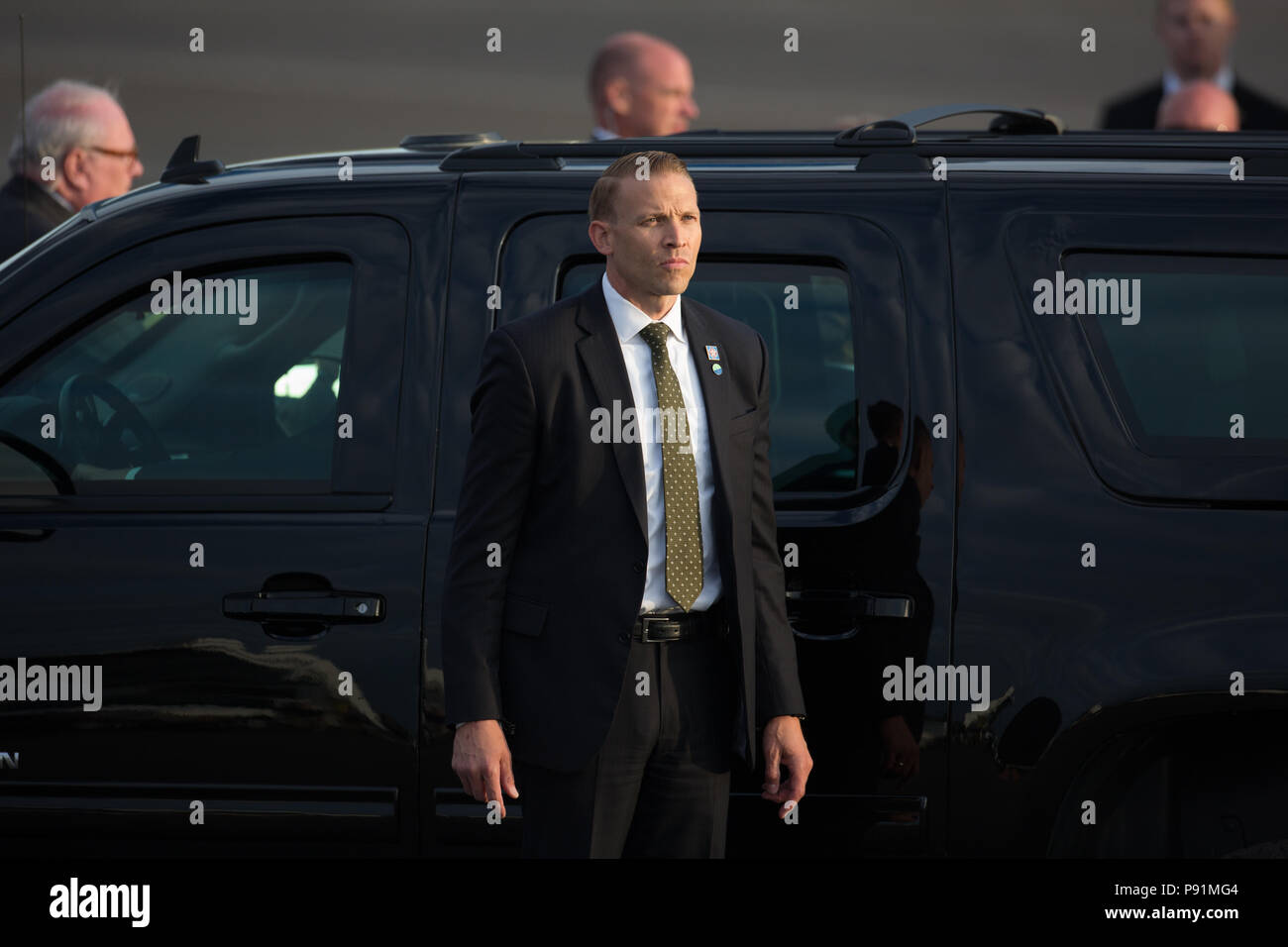 Prestwick, en Ecosse, le 13 juillet 2018. Le président Donald Trump, et épouse Melania, arriver à l'Air Force One à l'Aéroport International de Glasgow Prestwick au début de deux jours de voyage en Ecosse. Image Crédit : Jeremy Sutton-Hibbert/ Alamy News. Banque D'Images