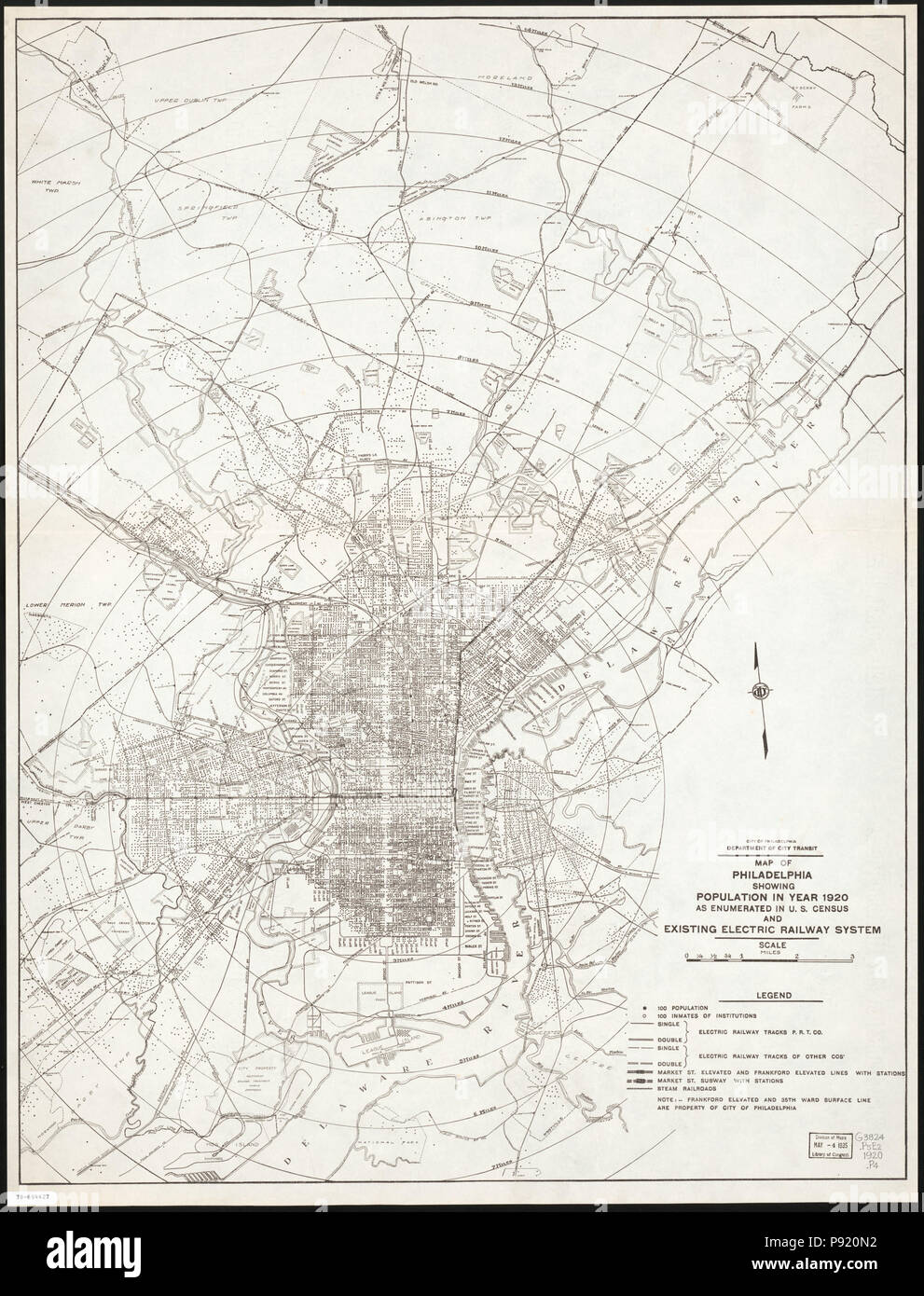 410 Plan de Philadelphie montrant population en année 1920, énumérées à l'U.S. Census, et chemin de fer électrique existant loc système 78694427 Banque D'Images