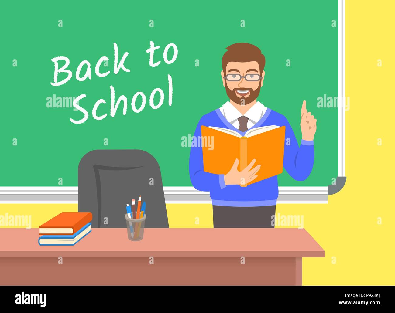 Les jeunes enseignants homme debout avec livre ouvert au tableau noir en classe. L'intérieur de la classe de l'école. Concept de l'éducation traditionnelle. Vector cartoon illustr Illustration de Vecteur