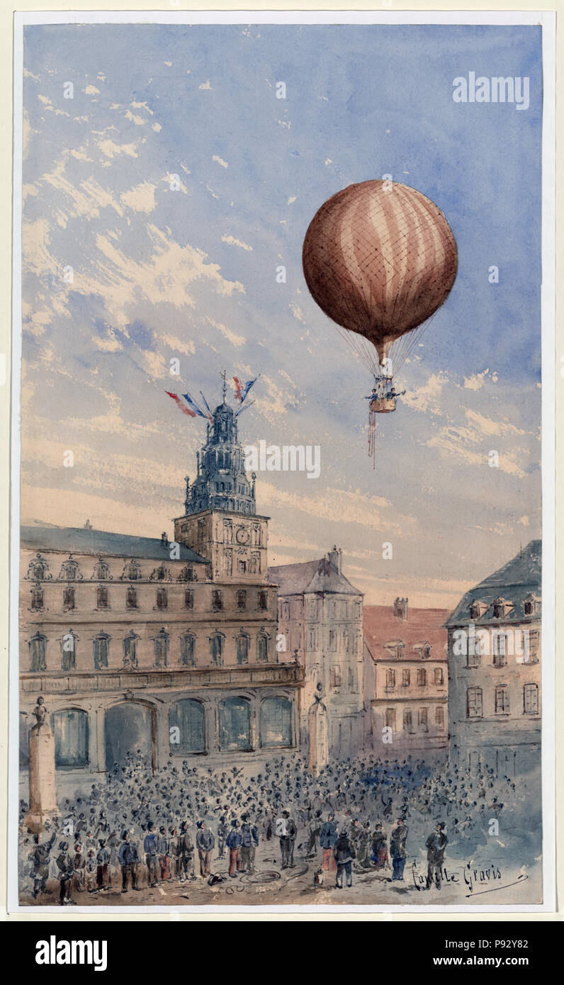 Ballon avec deux passagers ordre croissant sur une place de la ville, avec des drapeaux français à partir de la tour et de nombreux spectateurs ci-dessous Banque D'Images